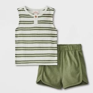 New Cat & Jack Green and White Striped Tank Top and Shorts Set Boys 12 Months